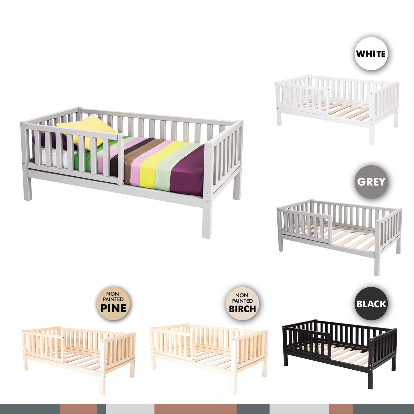 A variety of colors and sizes of a Sweet Home From Wood Toddler bed on legs with a fence.