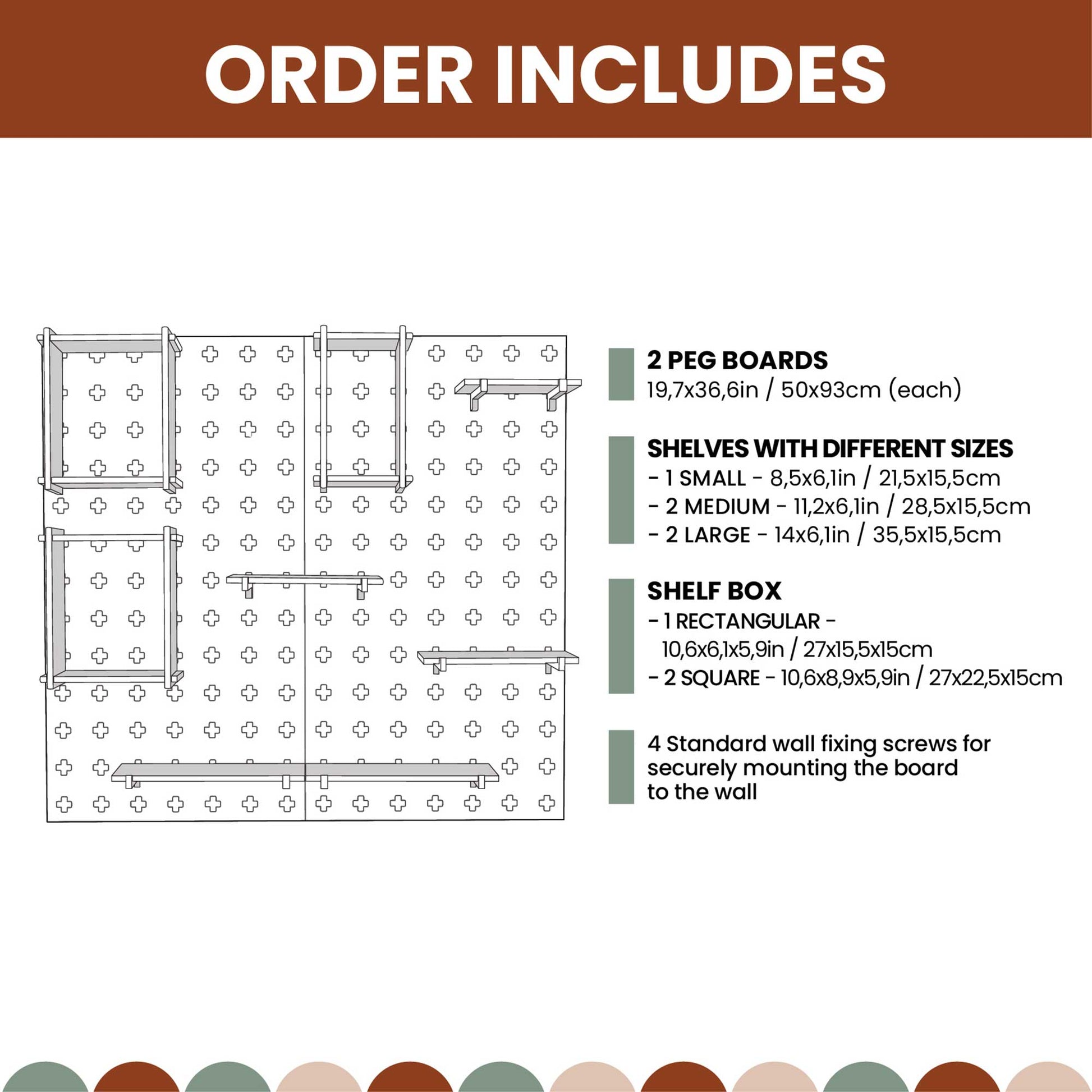 Illustration showing the contents of an order: 2 peg boards (19,7x3,6in and 50x93cm), shelves of different sizes, 1 rectangular shelf box, 2 square shelf boxes, and 4 standard wall fixing screws. Perfect for a versatile home or office organizer like the Large Pegboard Floating Display Shelf.