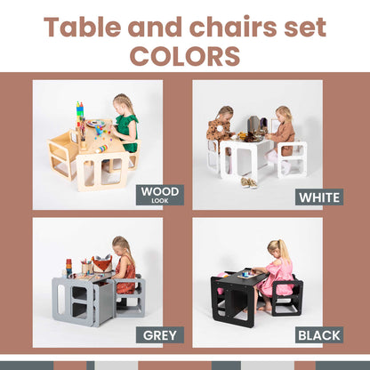 Four-color options for a table and chair set: lacquered, white, grey, and black. Versatile furniture to complement any space.