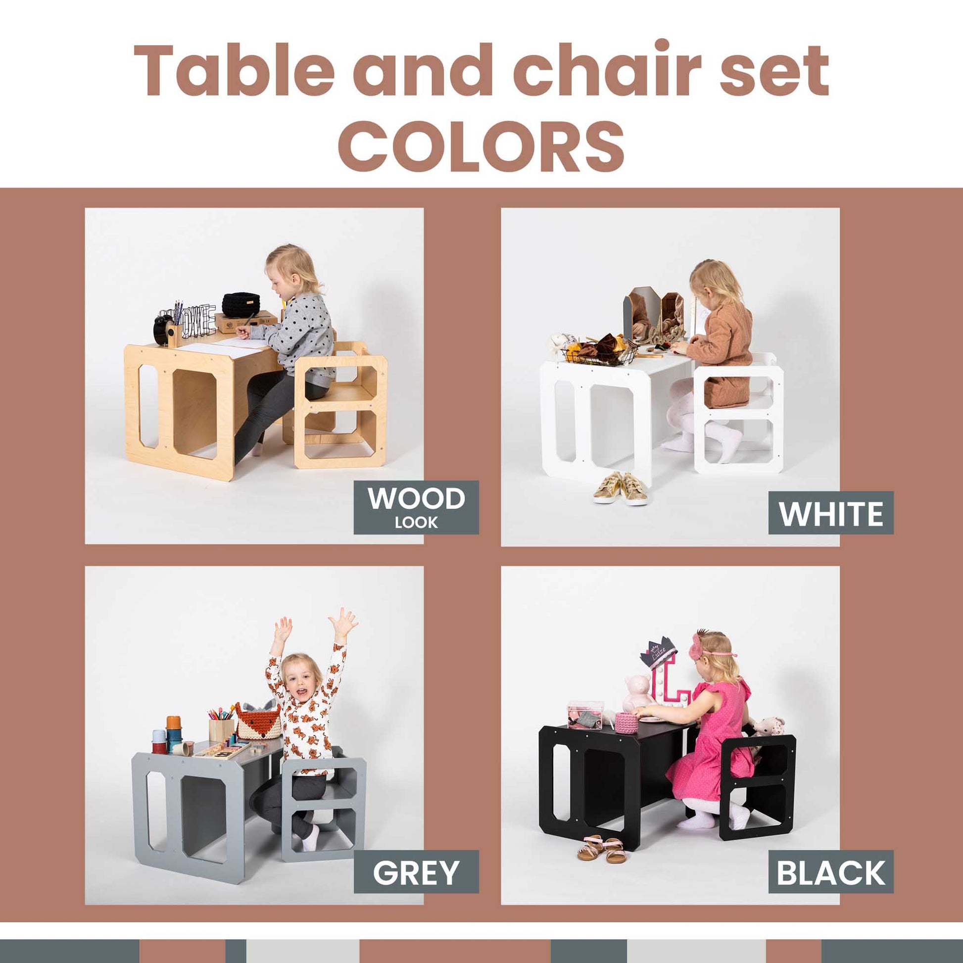 Montessori-inspired weaning table and chair set available in a variety of colors for toddlers to encourage independence.