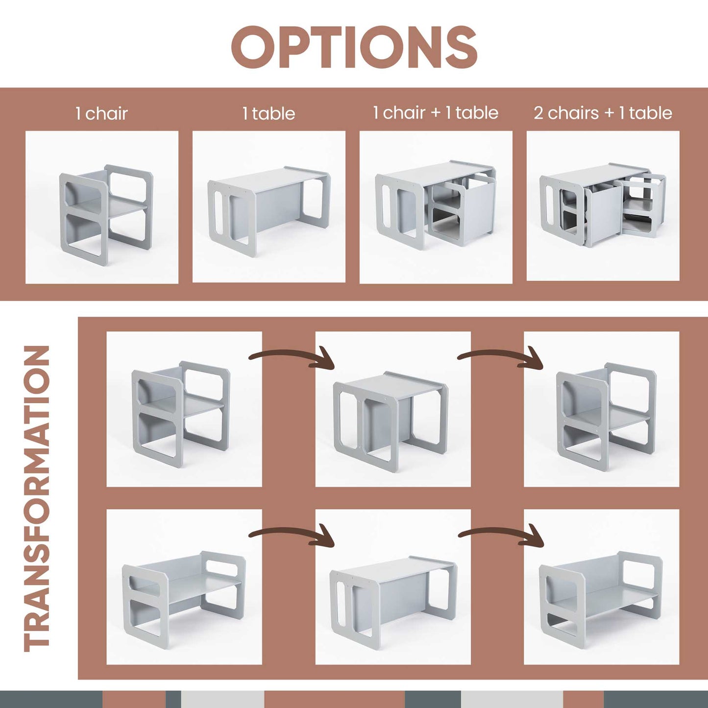 A poster displaying a variety of options for children's desks, including the Sweet Home From Wood Montessori weaning table and 2 chair set and toddler table.
