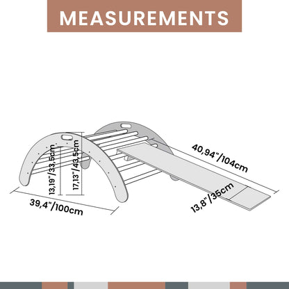 A diagram displaying the measurements of a Climbing arch + Transformable climbing triangle + a ramp wooden swing.