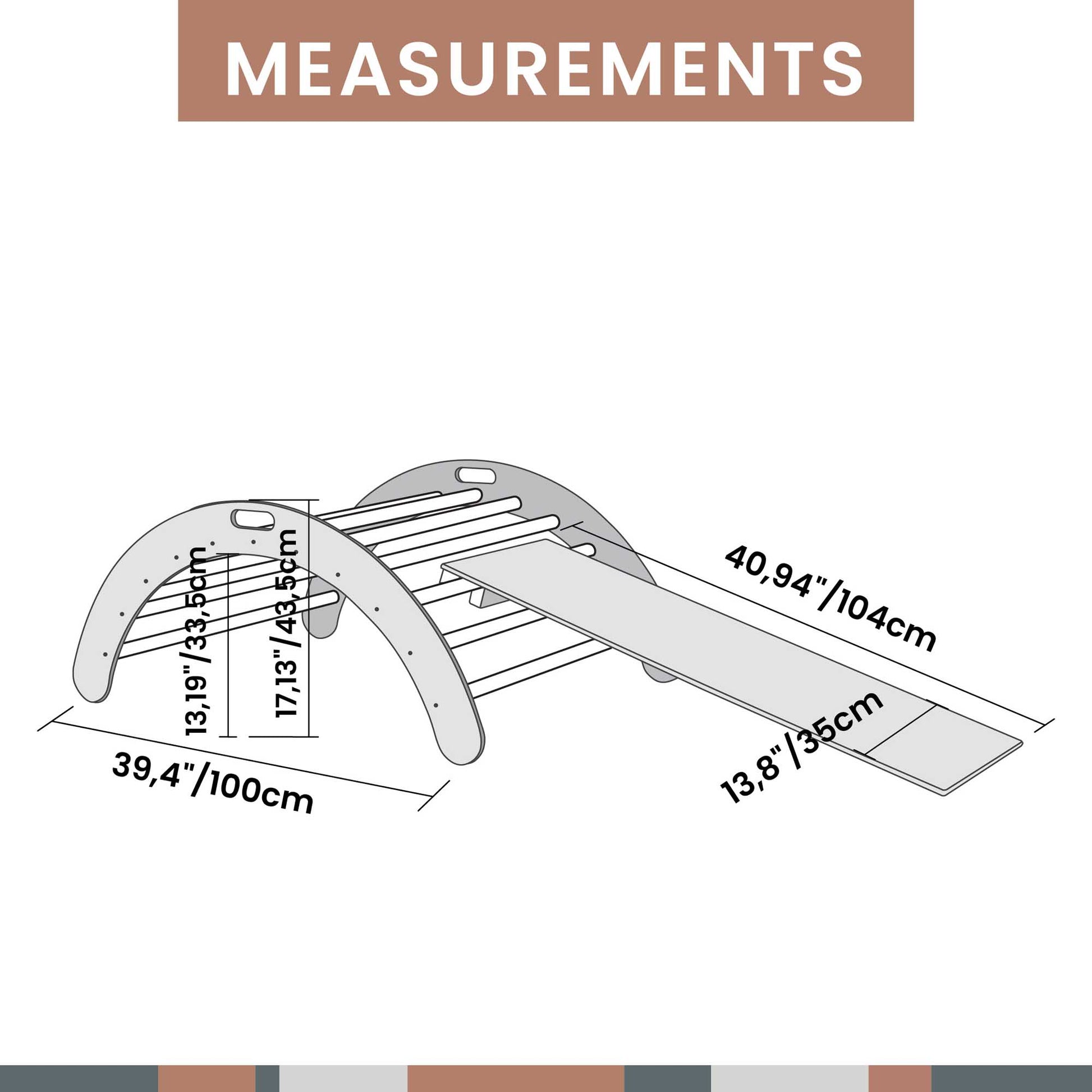A diagram showing the measurements of a Climbing arch + Transformable climbing cube / table and chair + a ramp wooden swing chair.