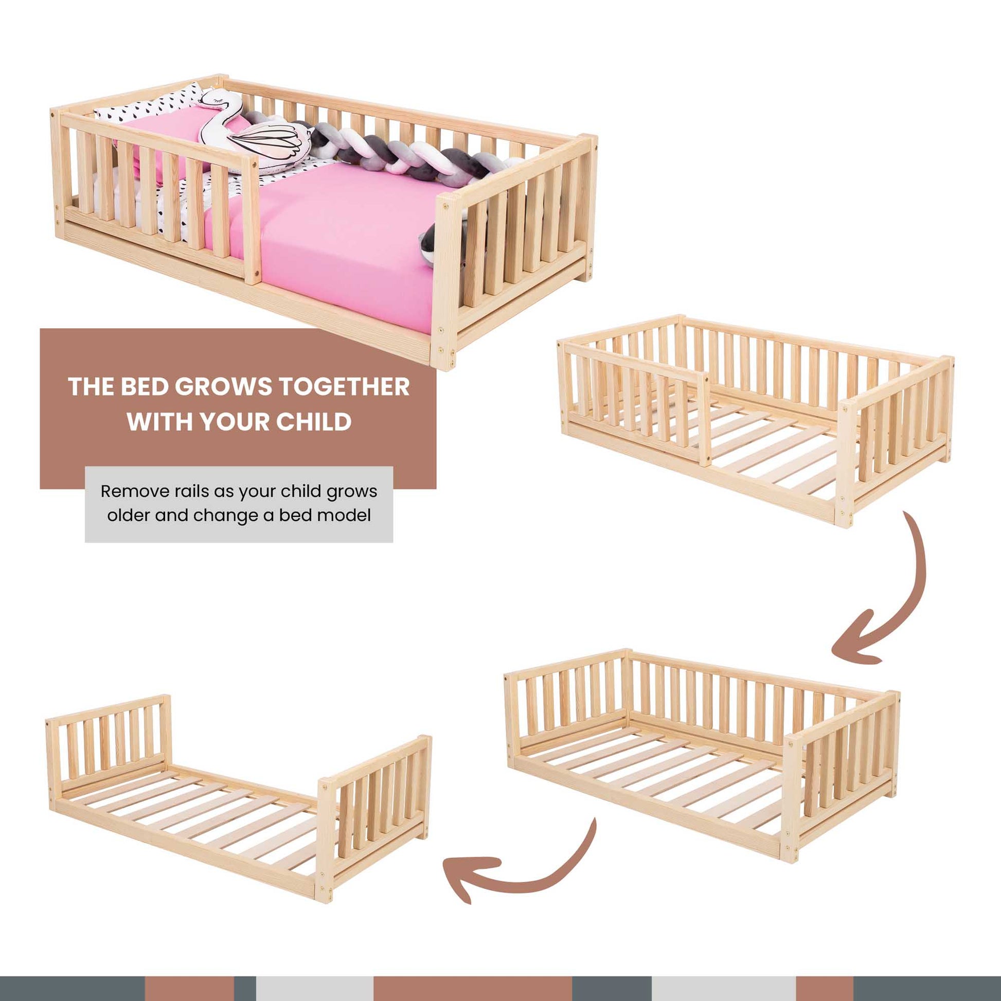 A long-lasting picture of a 2-in-1 toddler bed on legs with a vertical rail fence children's bed from Sweet Home From Wood.