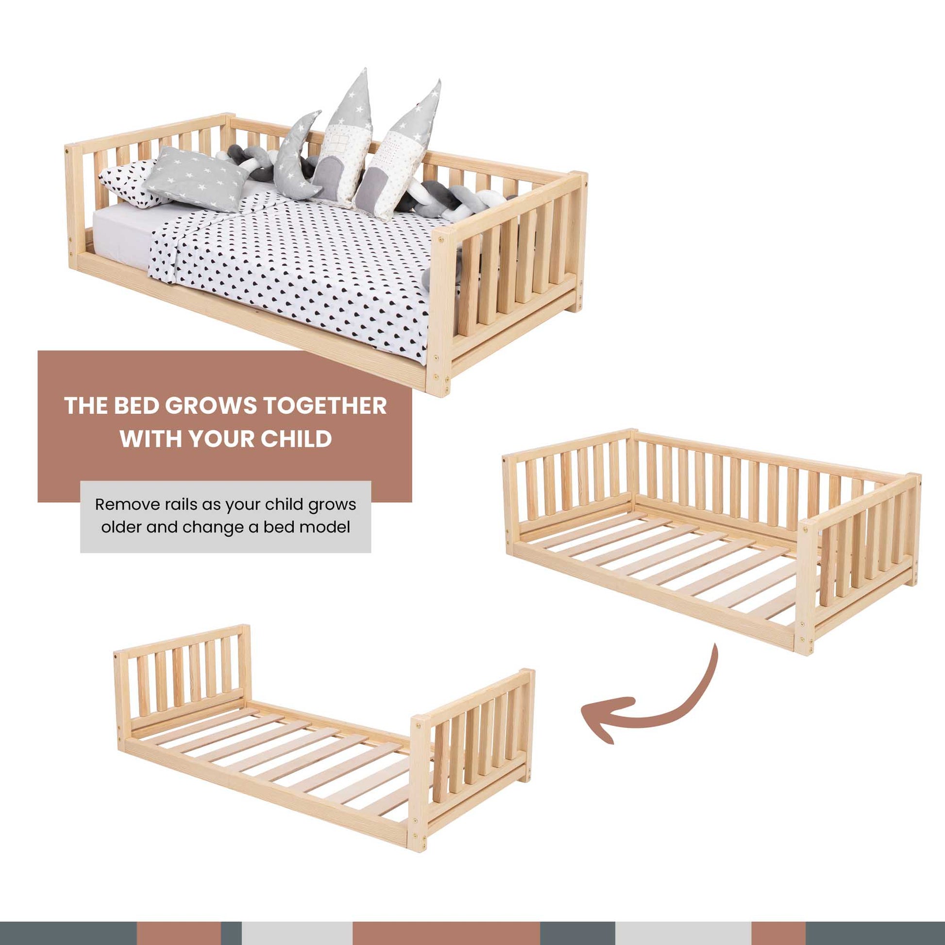 The Sweet Home From Wood Montessori bed with 3-sided rails grows together with your child.