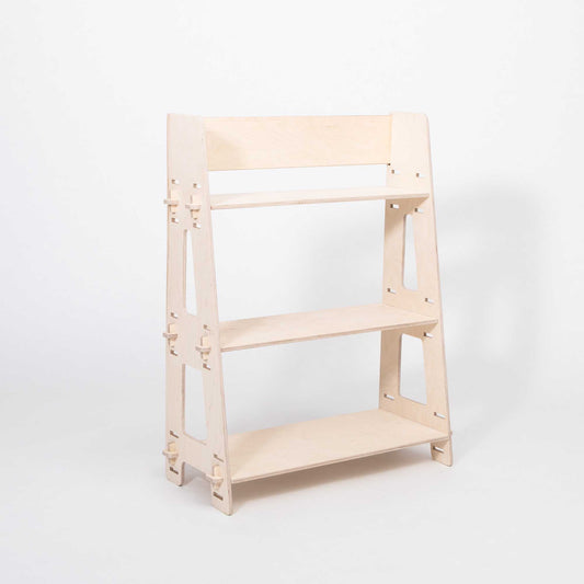 A Sweet Home From Wood Montessori toy shelf with two shelves on it.