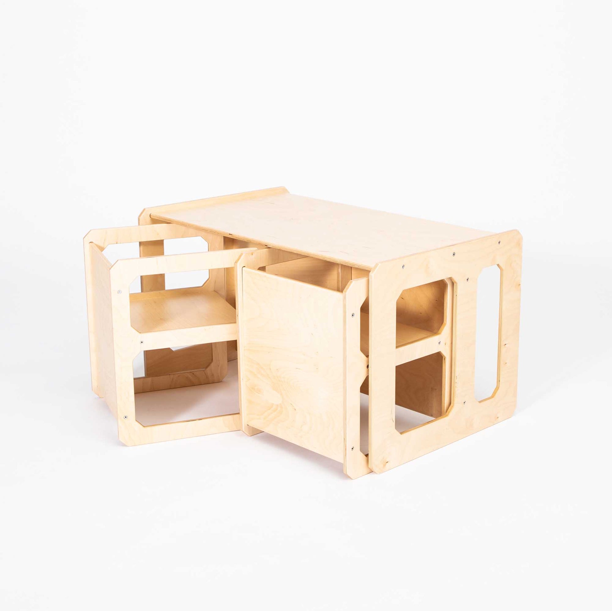 A Montessori weaning table and 2 chair set with Sweet Home From Wood.