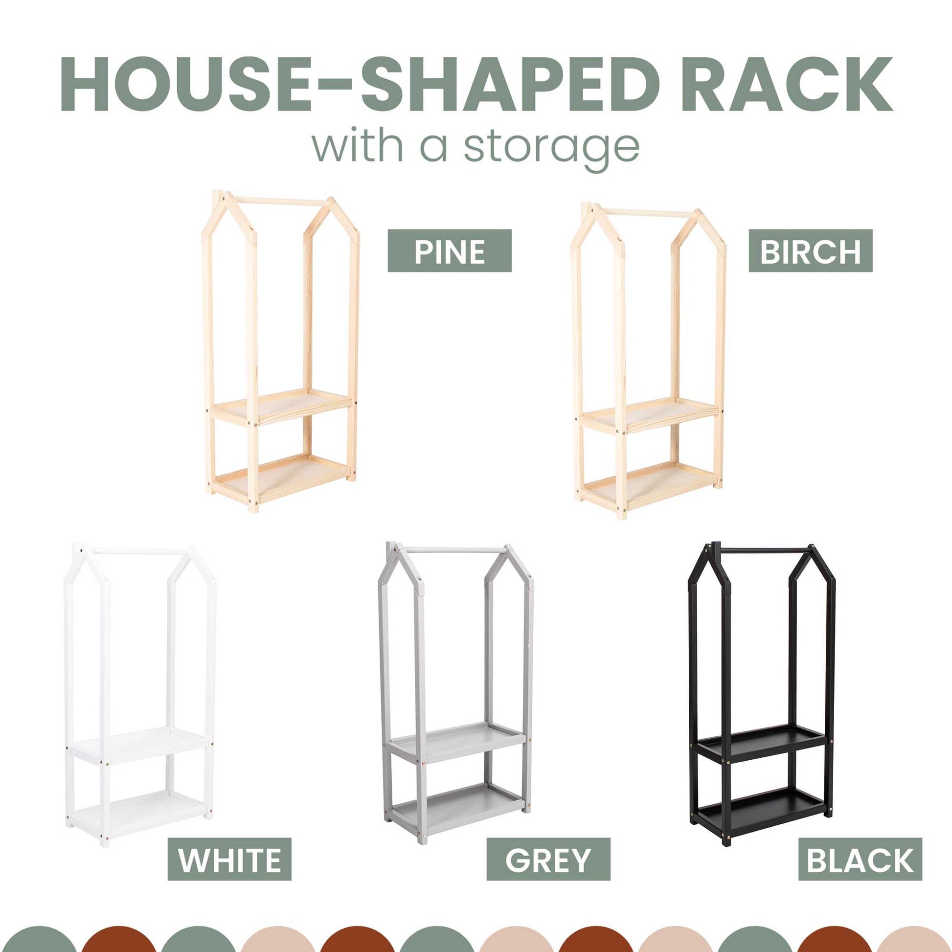 Wooden house-shaped rack with storage, suitable for Montessori principles and can be used as a Montessori wardrobe.