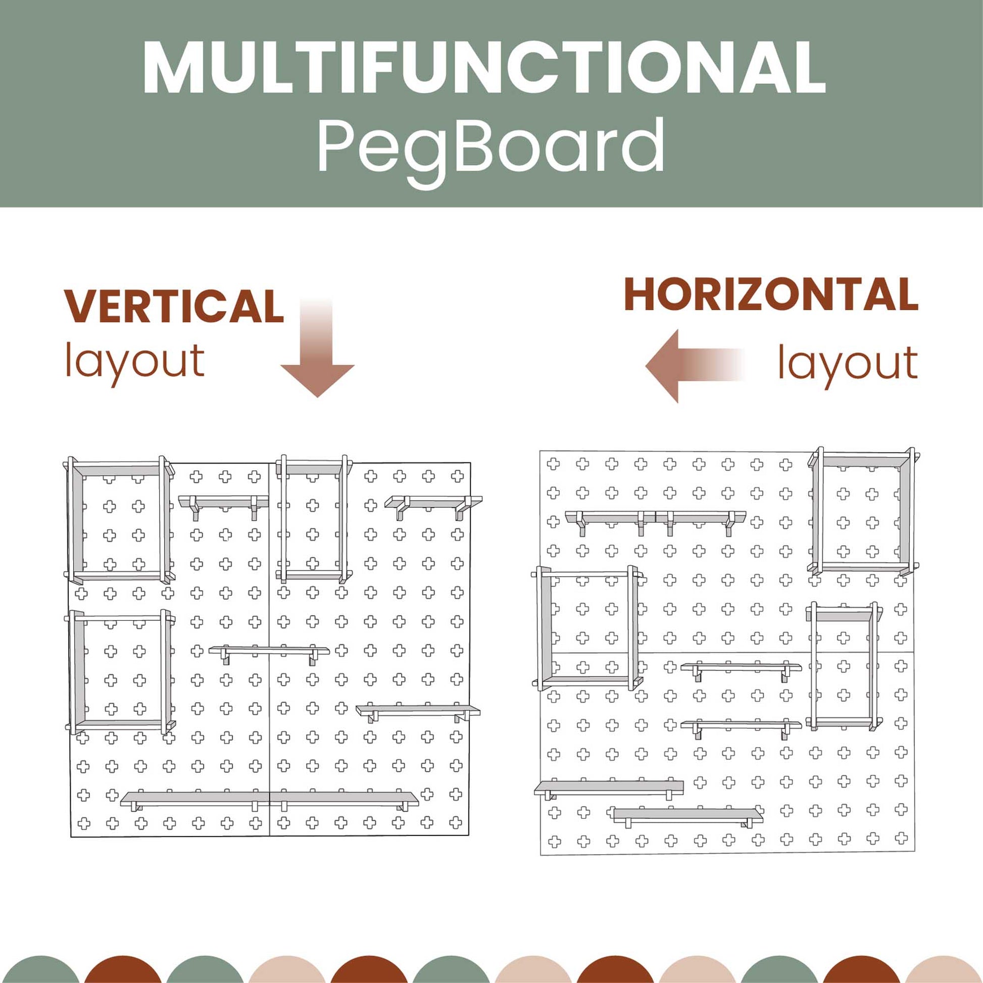 Multifunctional Large Pegboard Display Stand with a vertical horizontal layout, ideal for toddler shelves and montessori storage. Can also be used as floating shelves.