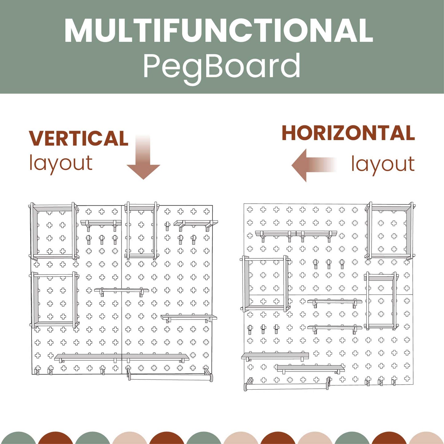 Montessori-inspired Large Pegboard Shelf with Clothes Hanger for open storage. Horizontal and vertical layout can be used.