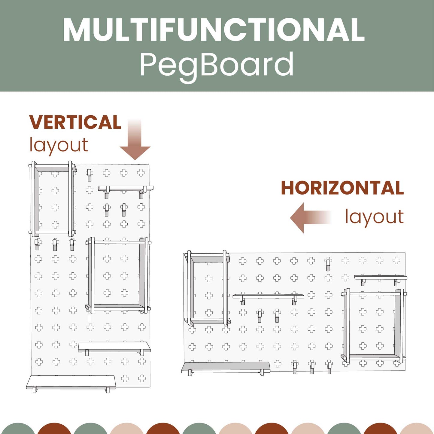 Multifunctional Pegboard Wall Shelf with open storage shelves for toddlers, by Sweet HOME from wood.