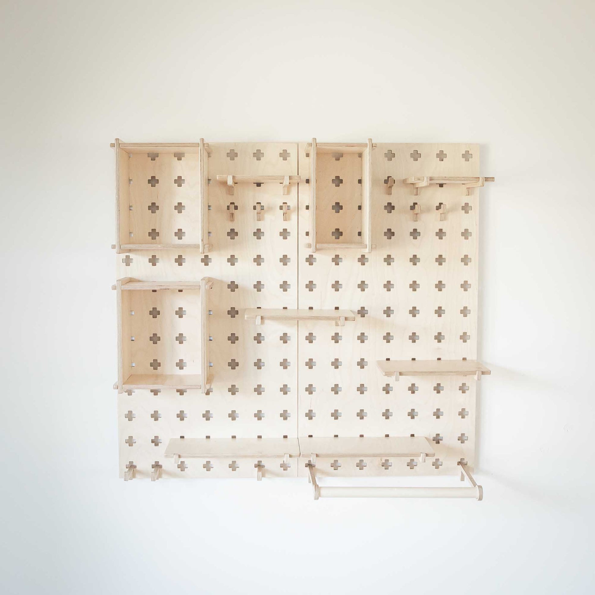 A Sweet HOME from wood Large Pegboard Shelf with Clothes Hanger for open storage shelves.