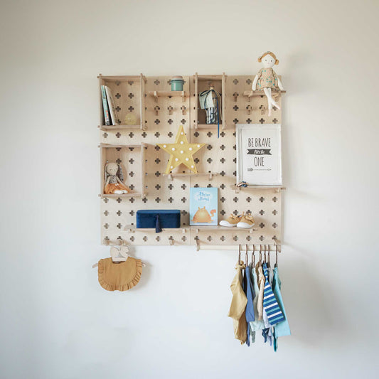A Large Pegboard Shelf with Clothes Hanger from Sweet HOME from wood.