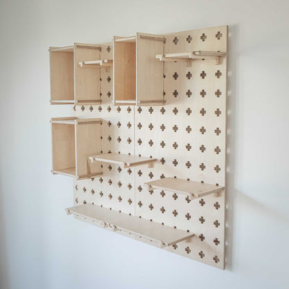A Sweet HOME from wood Large Pegboard Display Stand with floating shelves.
