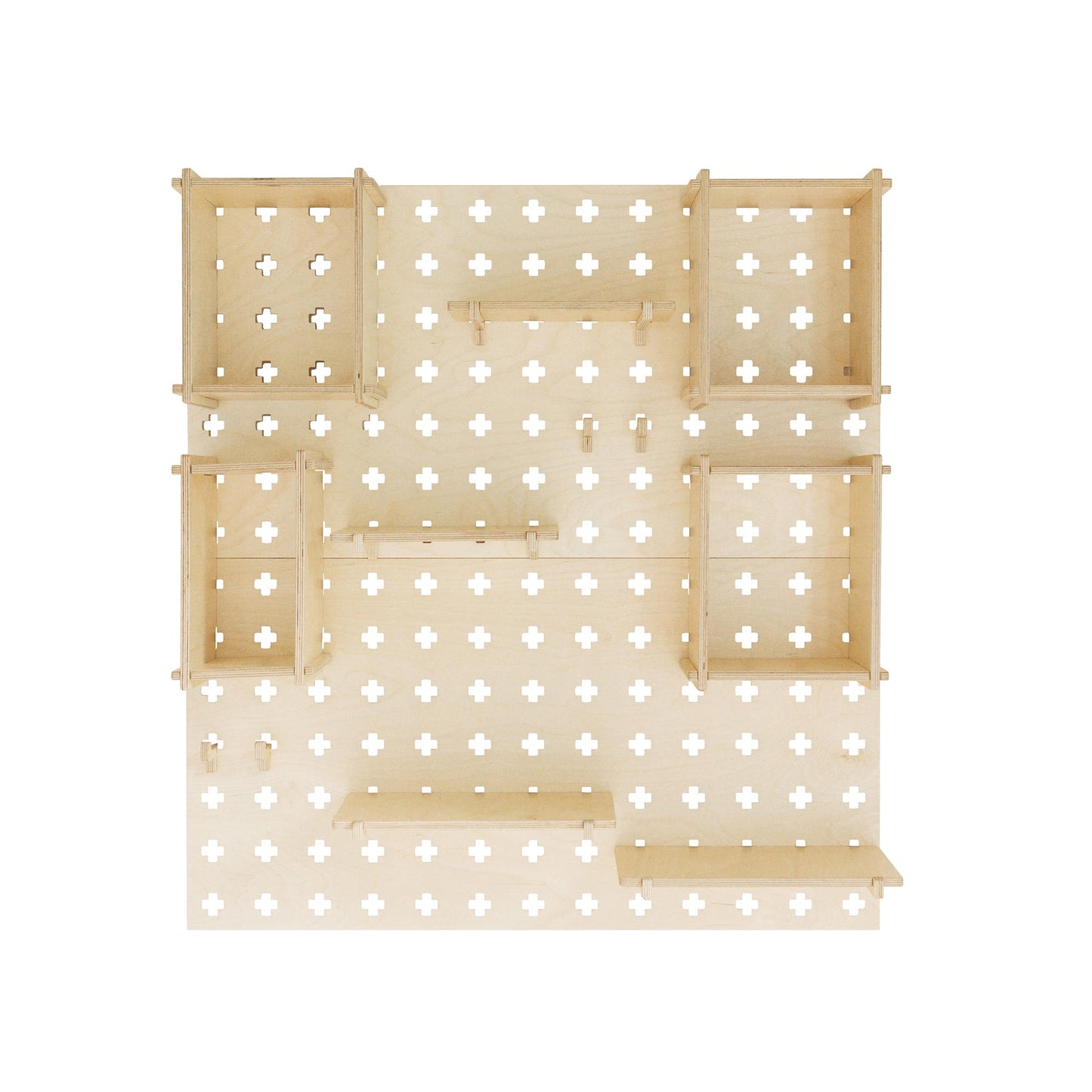 A Large Pegboard Shelf with Floating Shelves and various compartments arranged symmetrically against a light background. The board, offering customizable layouts, features a cross-shaped pattern throughout.