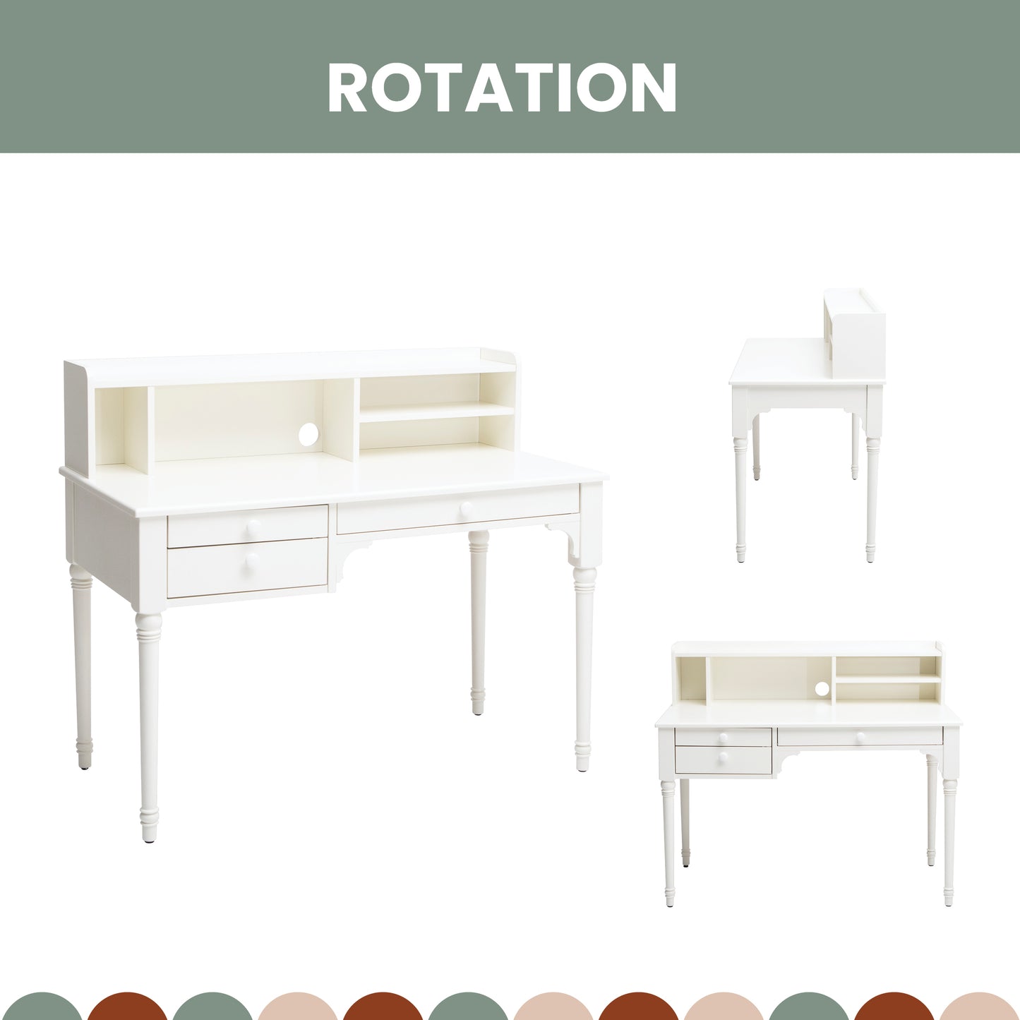Three views of a versatile Pedestal desk with shelves, drawers, and cable management, shown in different rotations. Text at top reads "ROTATION".