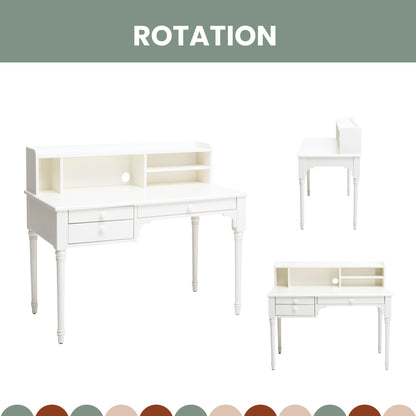 Three views of a versatile Pedestal desk with shelves, drawers, and cable management, shown in different rotations. Text at top reads "ROTATION".