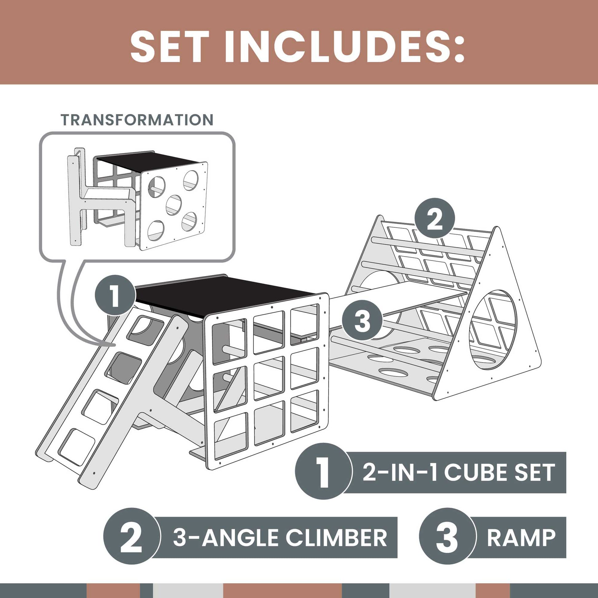 A set of instructions for building a climbing triangle + 2-in-1 climbing cube / table and chair + a ramp.