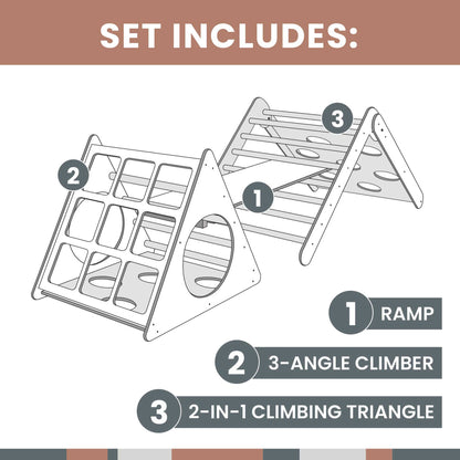 Set includes a ramp, 3-angle climber, and a 2-in-1 climbing triangle, offering a variety of play options for children's activities.