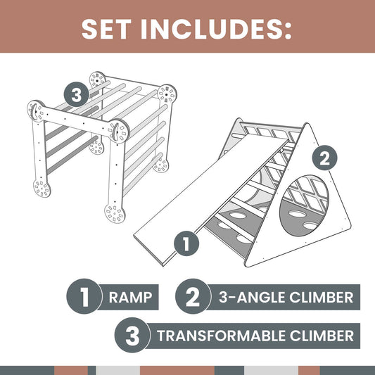 The set includes a trampoline, a ladder, and the Sweet Home From Wood Climbing triangle + Transformable climbing gym + a ramp.