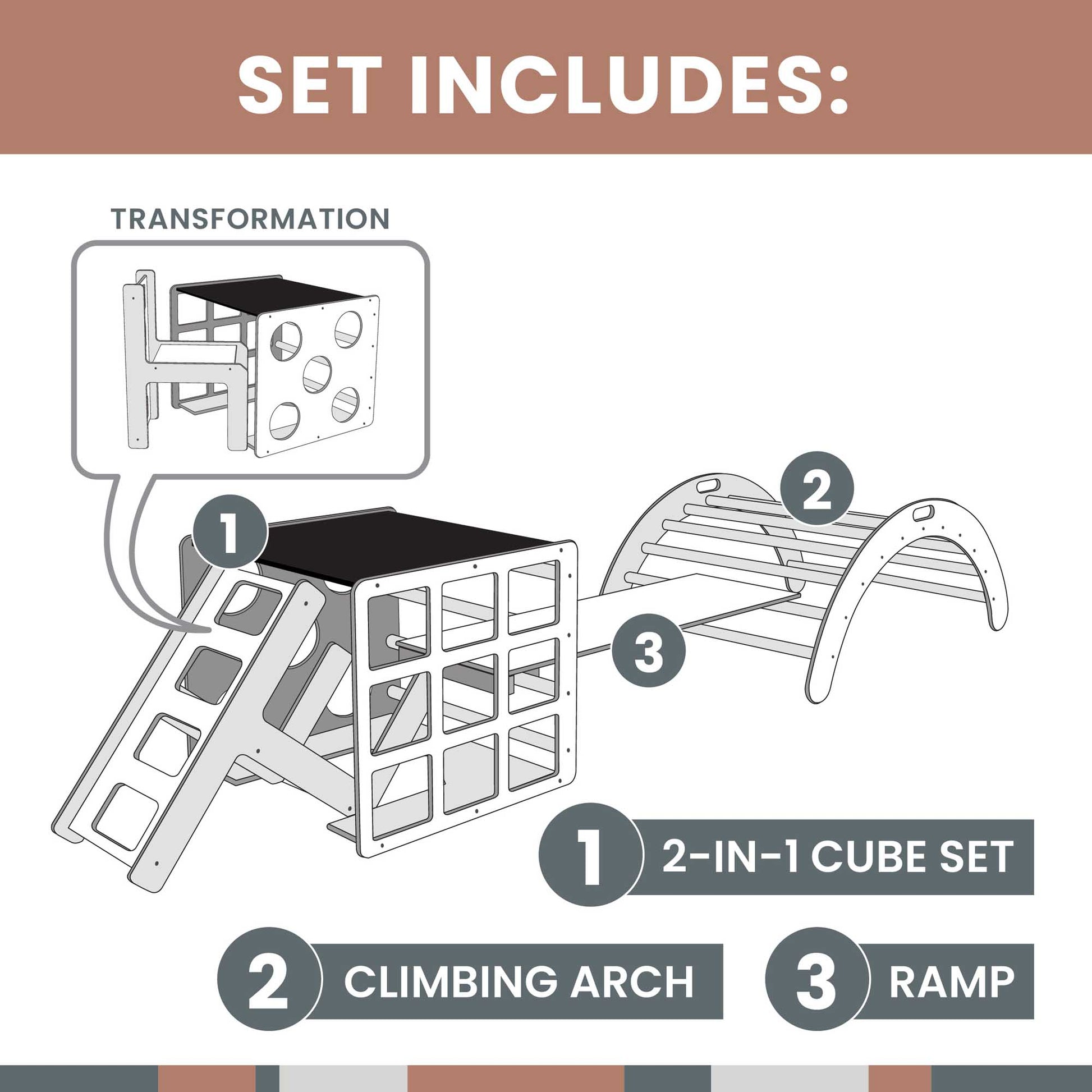 A set of instructions for how to build a Sweet Home From Wood Climbing Arch + Transformable Climbing Cube / Table and Chair + a Ramp.