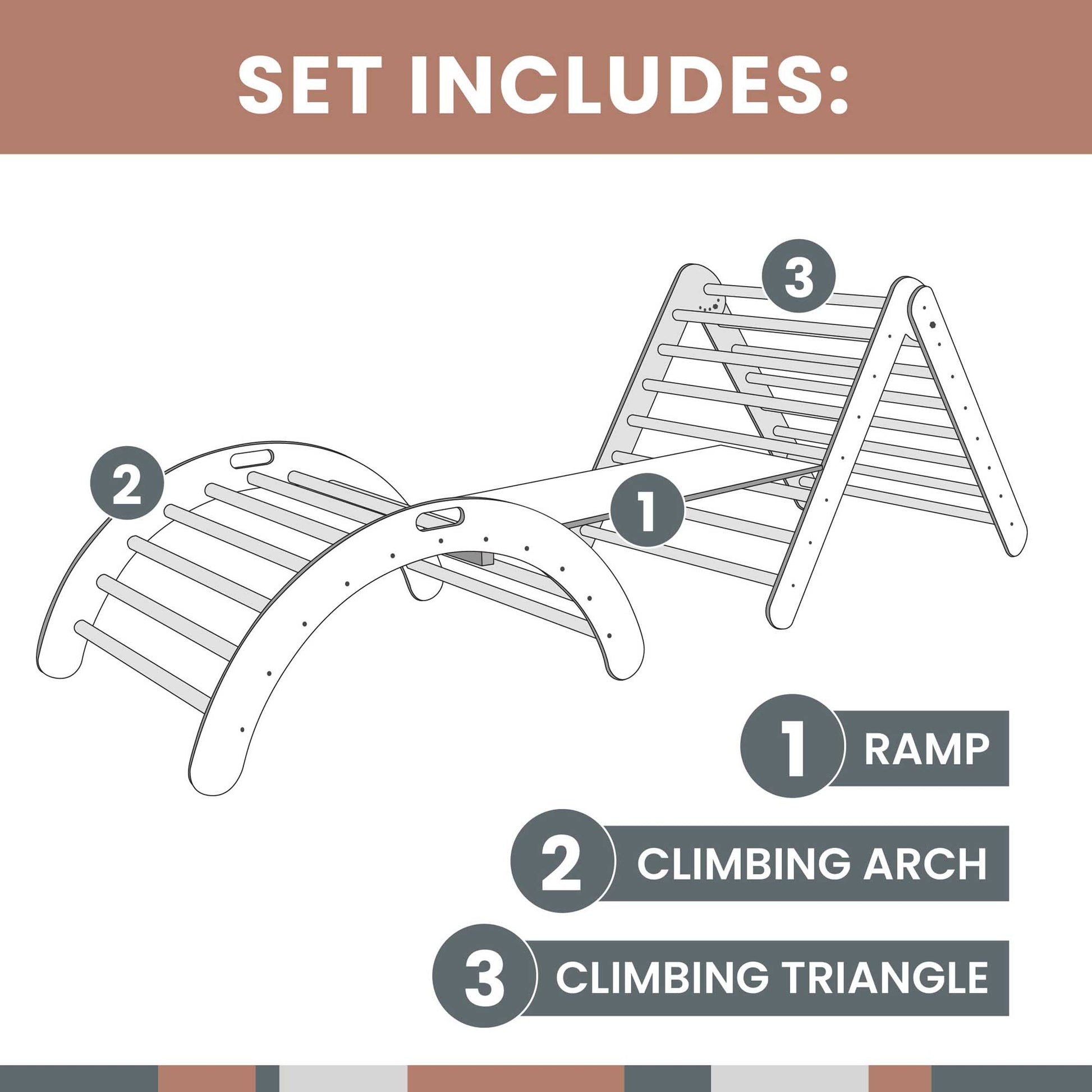 A set of instructions for the Sweet Home From Wood Climbing Arch + Foldable Climbing Triangle + a Ramp indoor climber and activity playset.