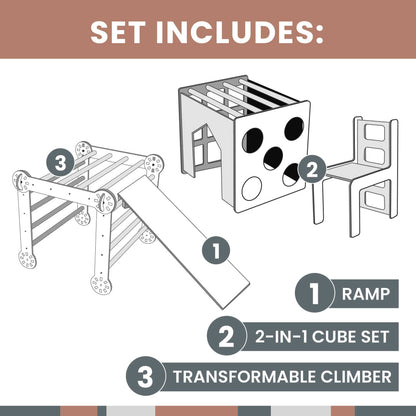 The 2-in-1 Climbing cube/ table and chair + Transformable climber + a ramp inspired set includes a chair, a table, and a stool.