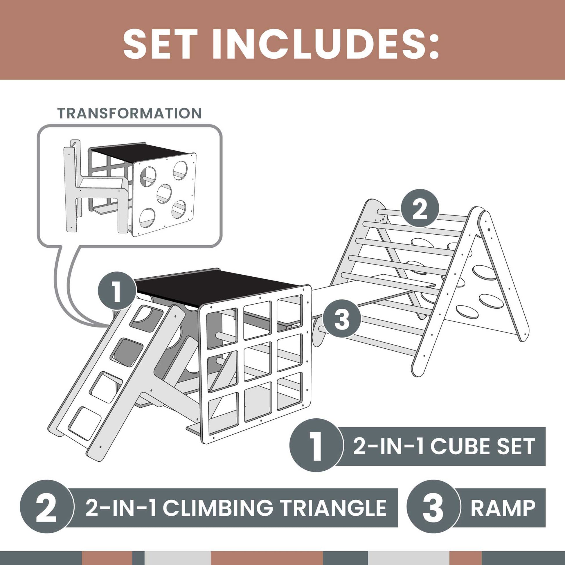 A Transformable triangle + climbing cube / table and chair  + a ramp for an activity cube, providing climbing fun for children.