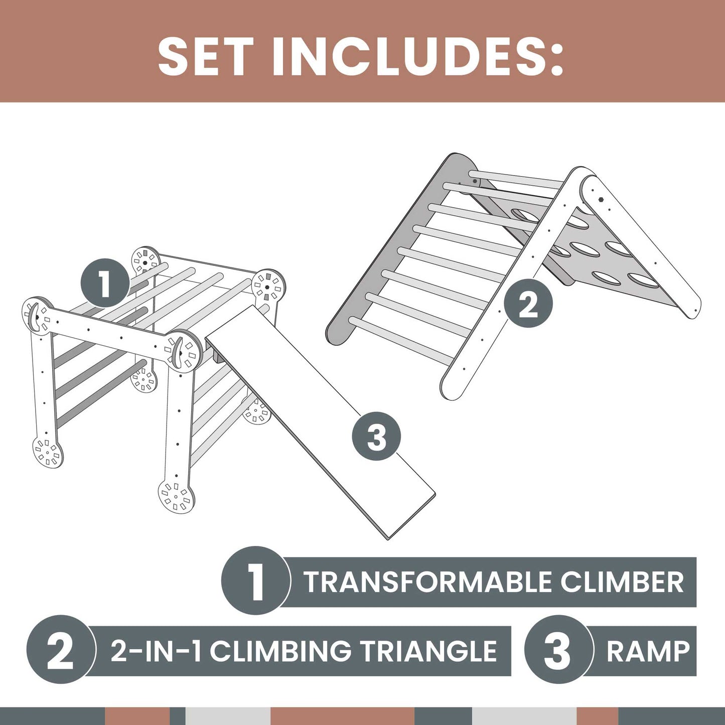 A set of instructions for building a Transformable climbing triangle + Transformable climbing gym + a ramp.