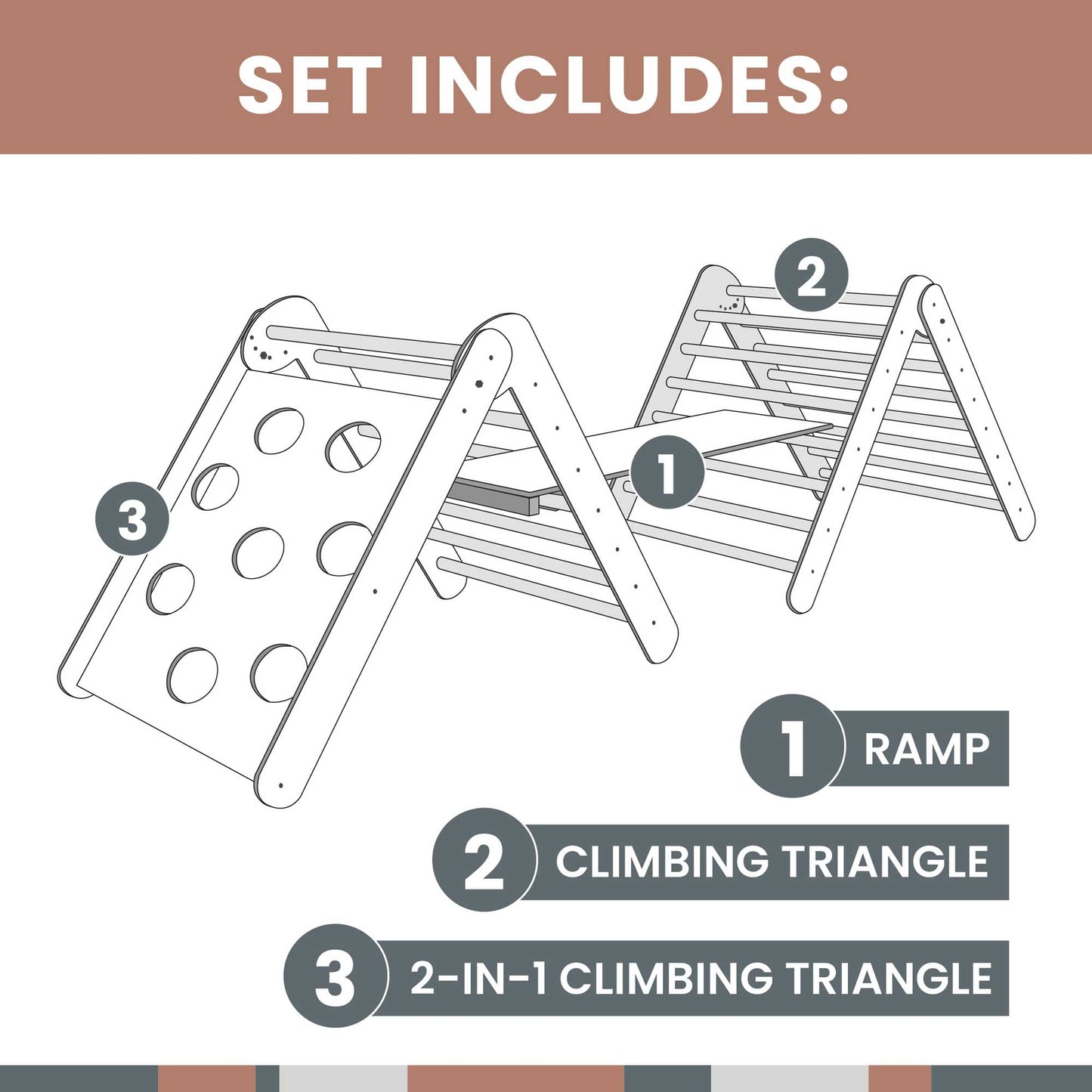 The set includes a Transformable climbing triangle + Foldable climbing triangle + a ramp and a climbing ladder.