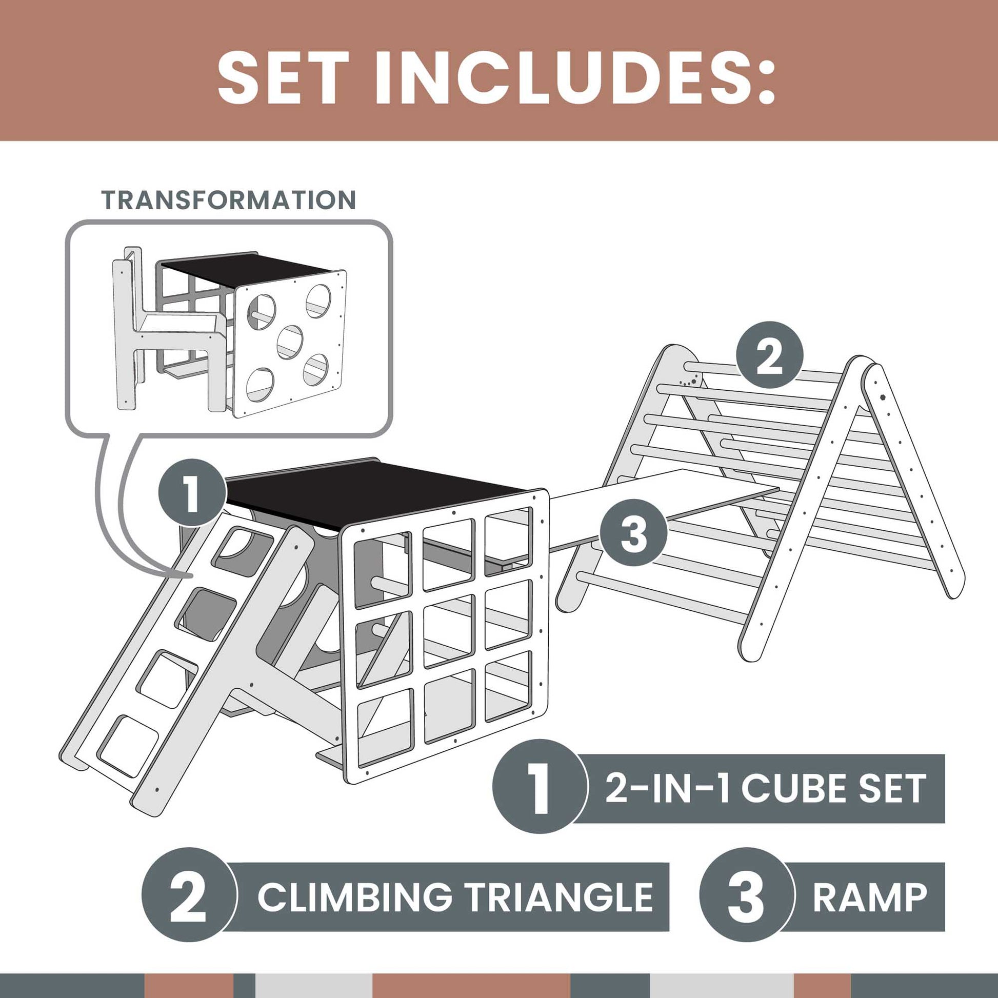 A comprehensive guide on assembling a Foldable climbing triangle + 2-in-1 cube / table and chair + a ramp set, including a climbing gym and activity cube.