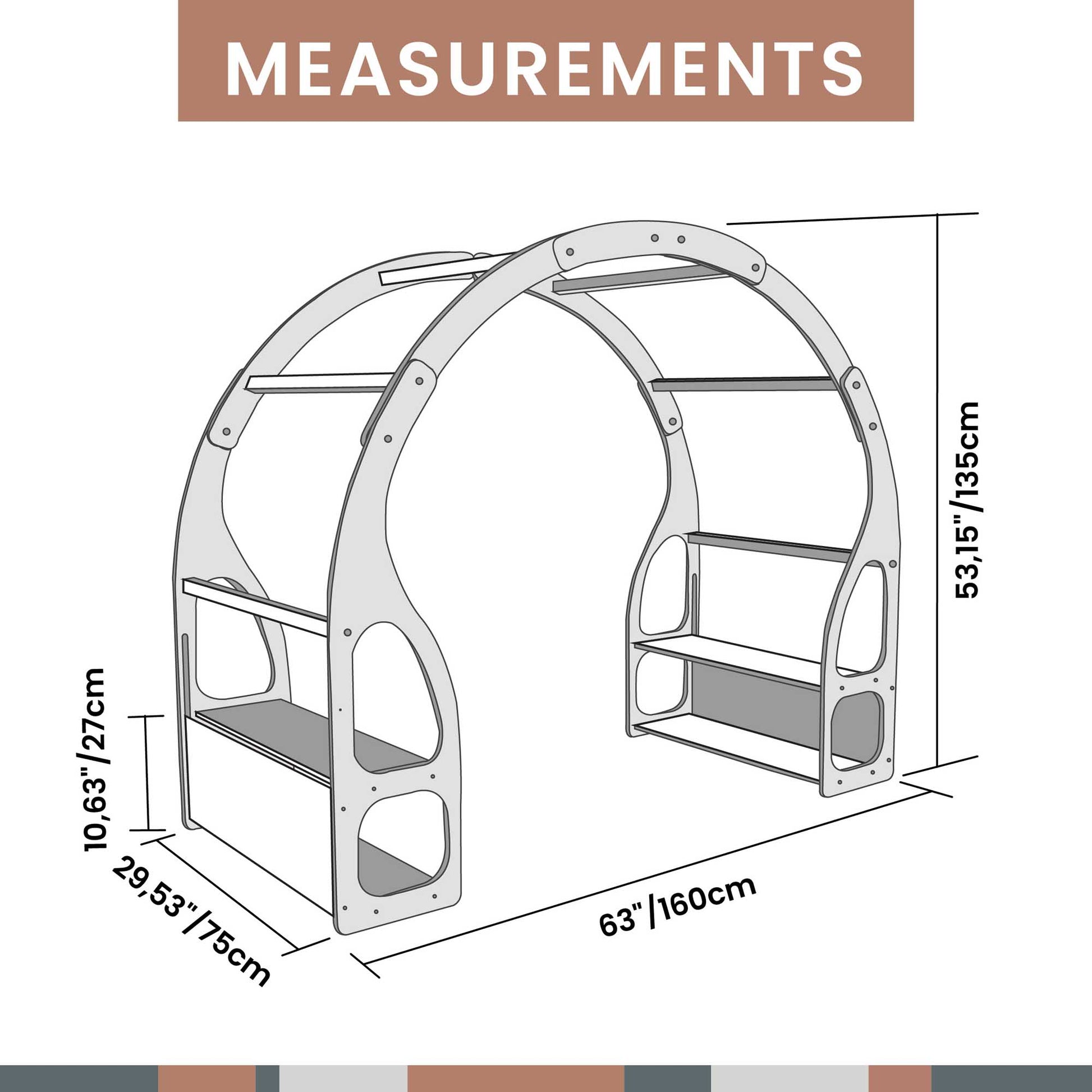 A diagram displaying the measurements of a wooden arch on a Sweet Home From Wood play stand for toddlers.