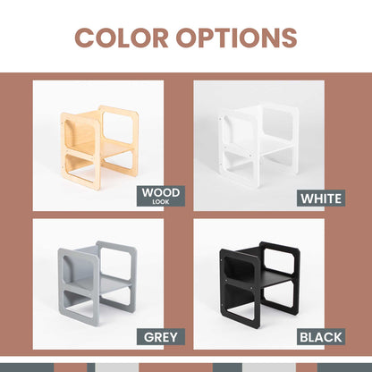 A set of different color options for a wooden Montessori weaning chair and table set from Sweet Home From Wood.