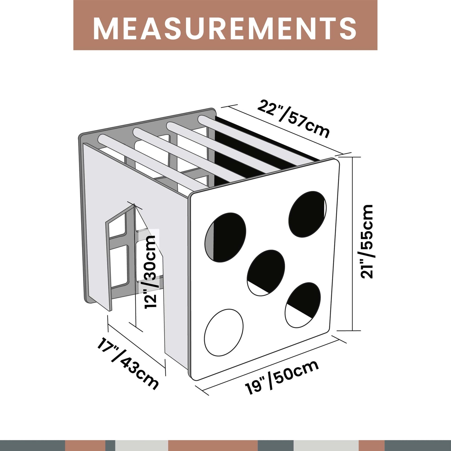 A diagram showing the measurements of the Sweet Home From Wood activity cube with sensory panels.