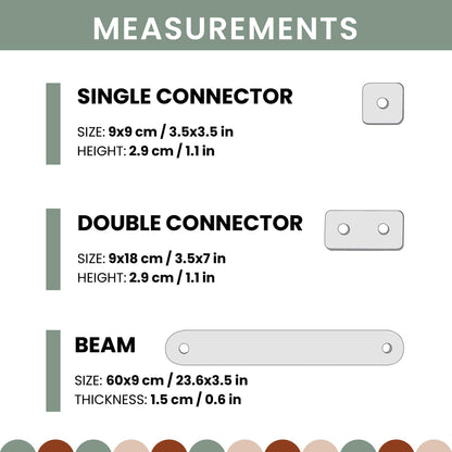 A diagram showing the measurements of a single connector and a double connector for the Sweet Home From Wood Balance Beam Set indoor climber.