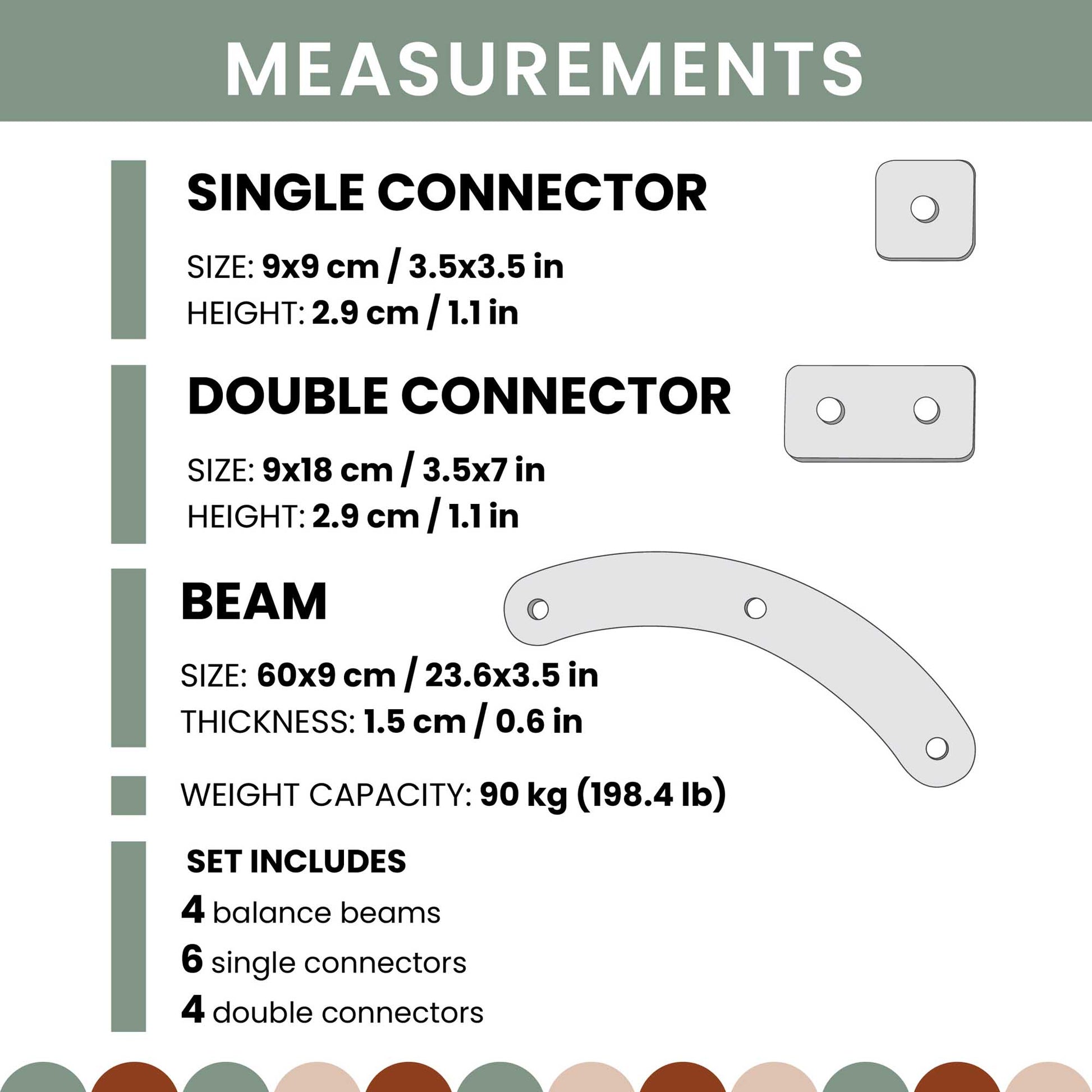 A diagram illustrating the measurements of a double connector in a Round Balance Beams Set.