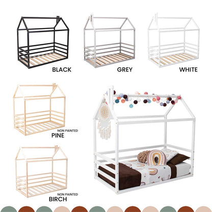Displays all 5 materials for montessori floor bed-pinewood, birchwood, white, grey, black