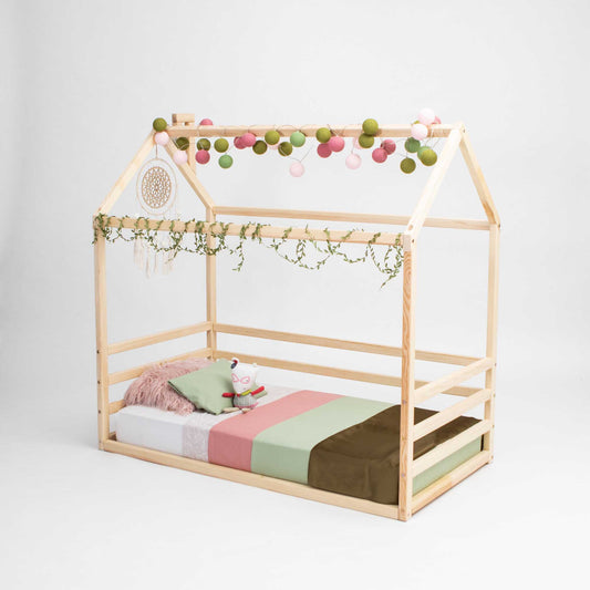 Kids' house-frame bed with 3-sided horizontal rails