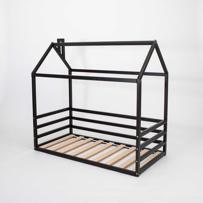 A Kids' house-frame bed with 3-sided horizontal rails, perfect for a montessori floor bed or a low platform bed.
