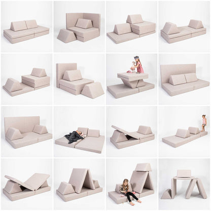 A collage of pictures showcasing a variety of furniture pieces, including the Sweet HOME from wood activity play couch set.