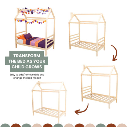 Transform your child's bed into a [Kids' house bed on legs with a headboard and footboard].