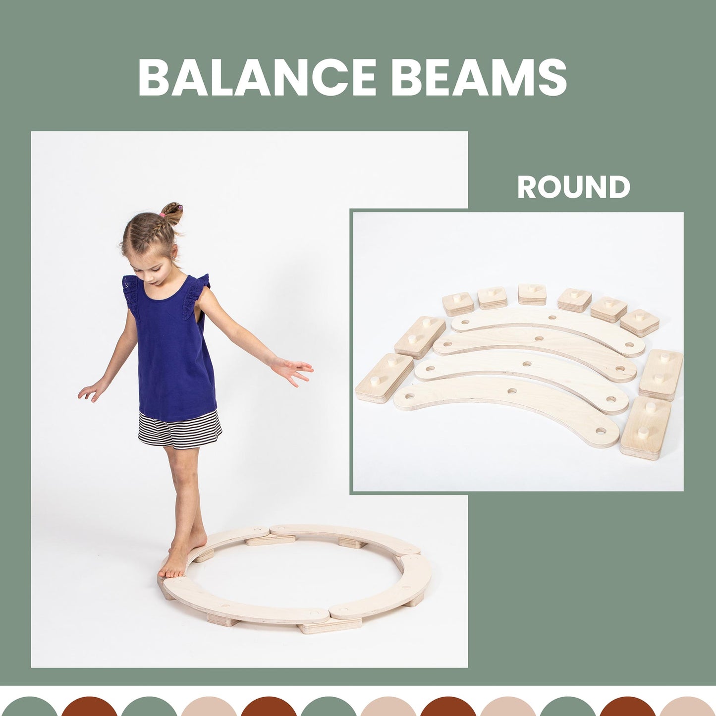 A child in a blue dress and striped skirt balances on a set of Round Balance Beams. Inset: close-up of the interlocking wooden beams designed to enhance motor skills. Text above reads "Round Balance Beams," reflecting Montessori principles.