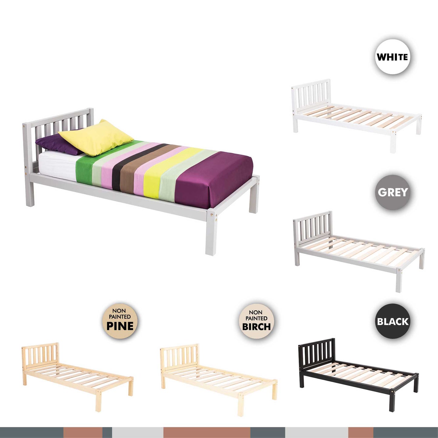 A variety of Sweet Home From Wood kids' bed on legs with a headboard in different colors and sizes.