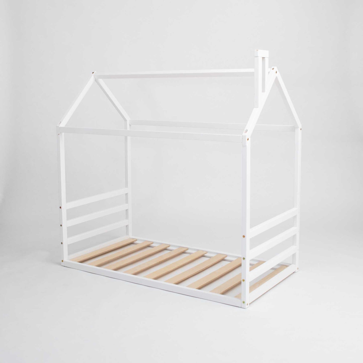 A white floor house-frame bed with a horizontal headboard and footboard.
