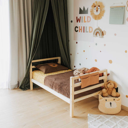 2-in-1 transformable kids' bed with a horizontal rail headboard and footboard