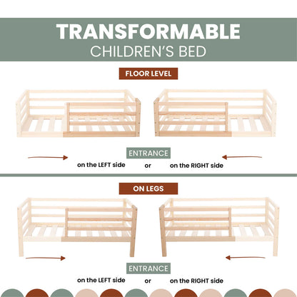 A diagram illustrating the various stages of a Sweet Home From Wood 2-in-1 transformable kids' bed with a horizontal rail fence.