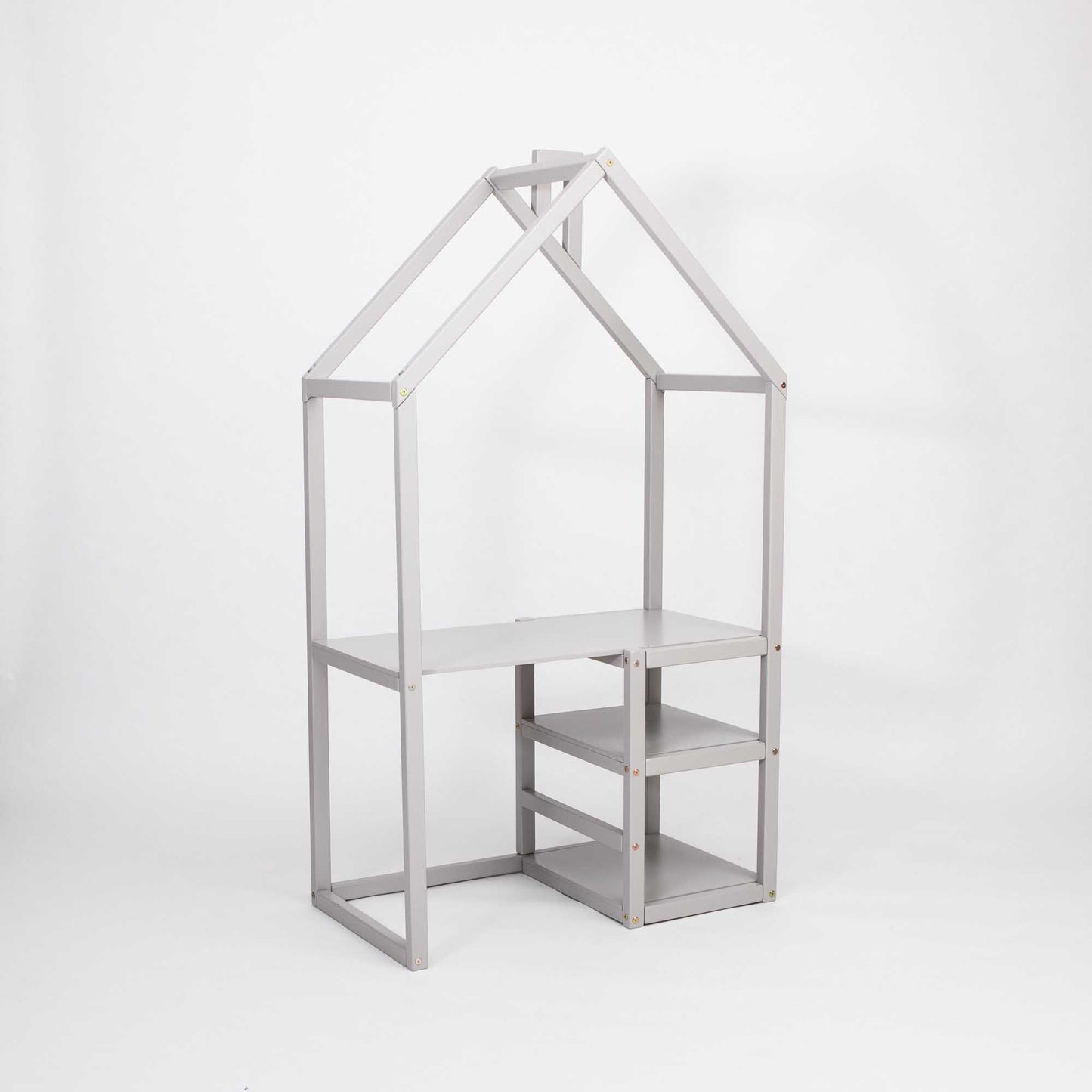 A grey wooden House-shaped toddler desk with shelves and a shelf, perfect for Sweet Home From Wood furniture enthusiasts.