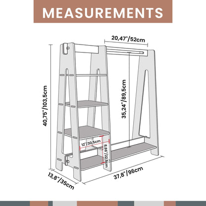 The measurements of a Sweet Home From Wood children's wardrobe, dress up clothing rack.