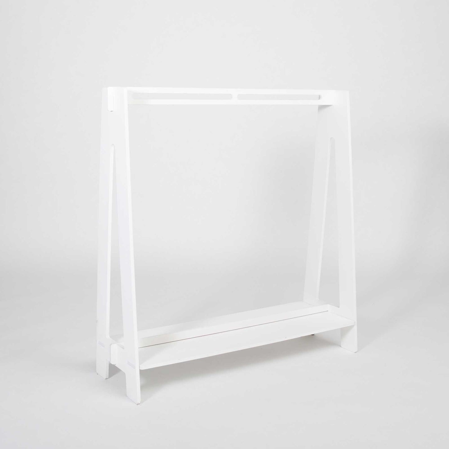 A white wooden Kids' clothing rack A-frame style against a white background.