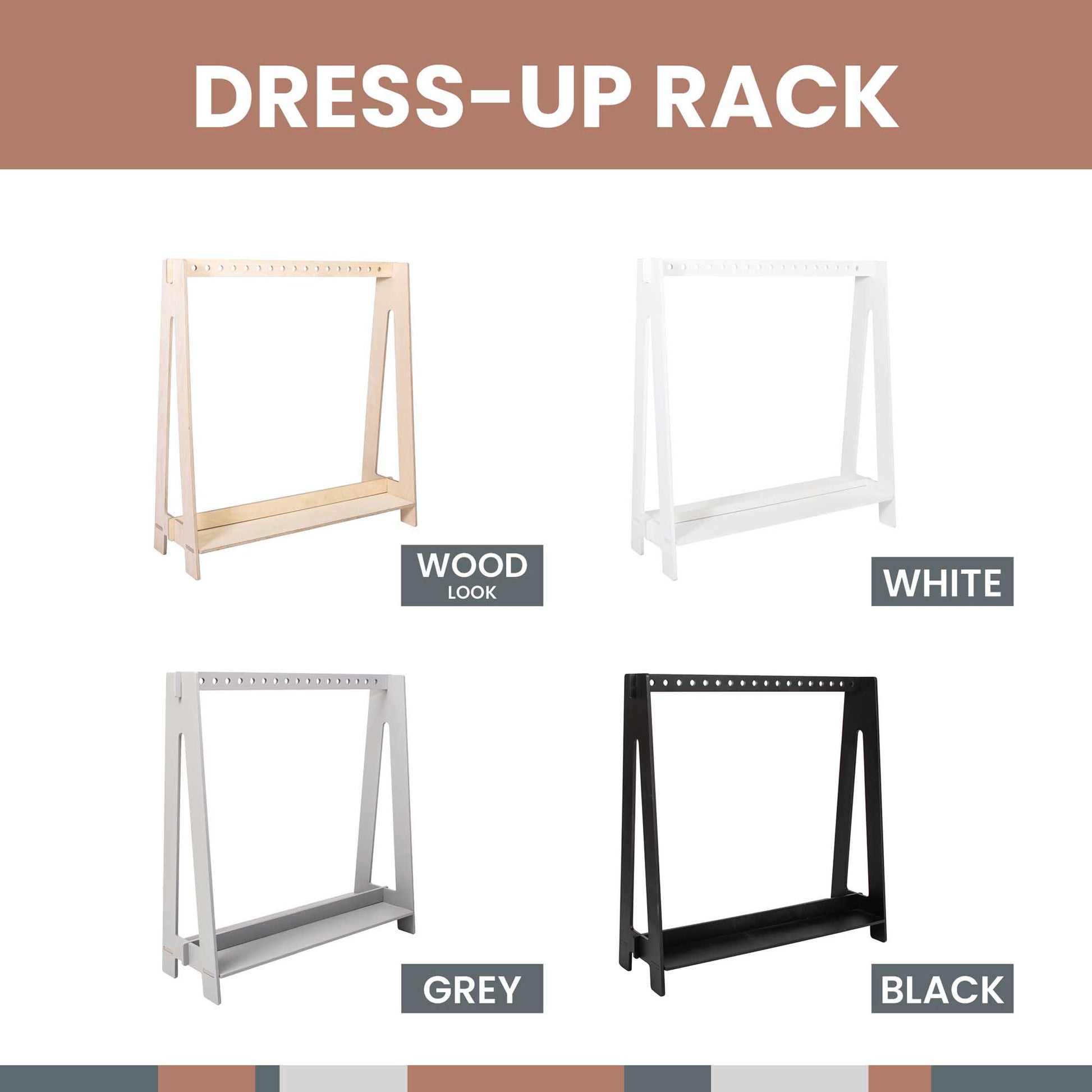 Transform your A-frame kids' clothing rack into a stylish wardrobe with vibrant color options, offering both practical storage and a fashionable display solution.